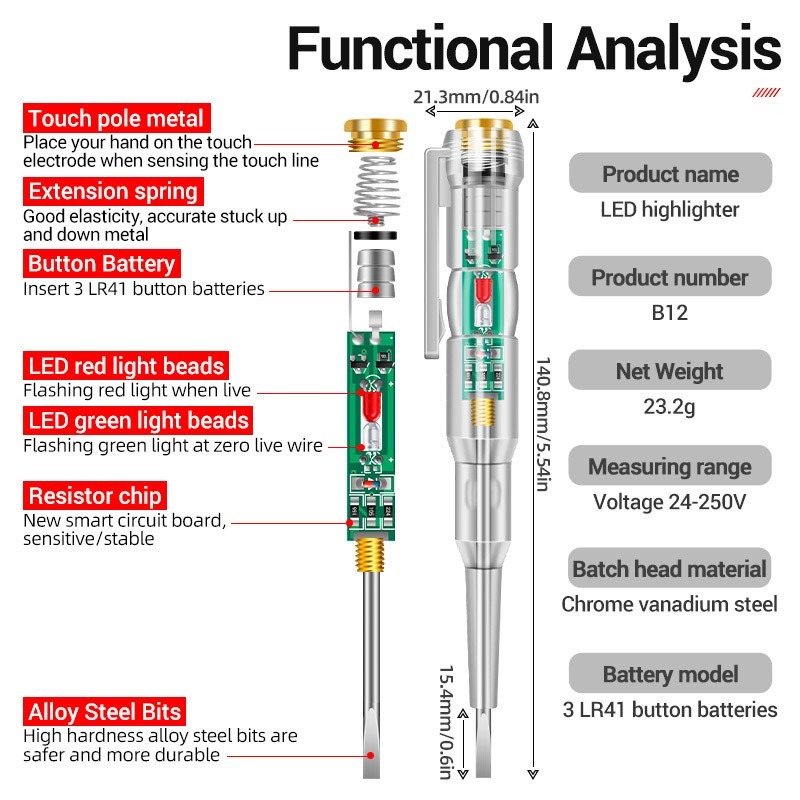 LED Test Pen Intelligent Induction Power Voltage Detector Pen Voltmeter 24-250V Circuit Tester Tool - Image 4